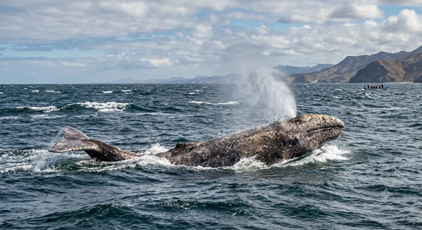 Ballena gris resoplando frente a una panga de avistamiento en Baja California