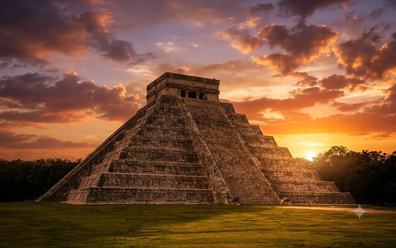 Pirámide de Kukulkán en Chichén Itzá al atardecer